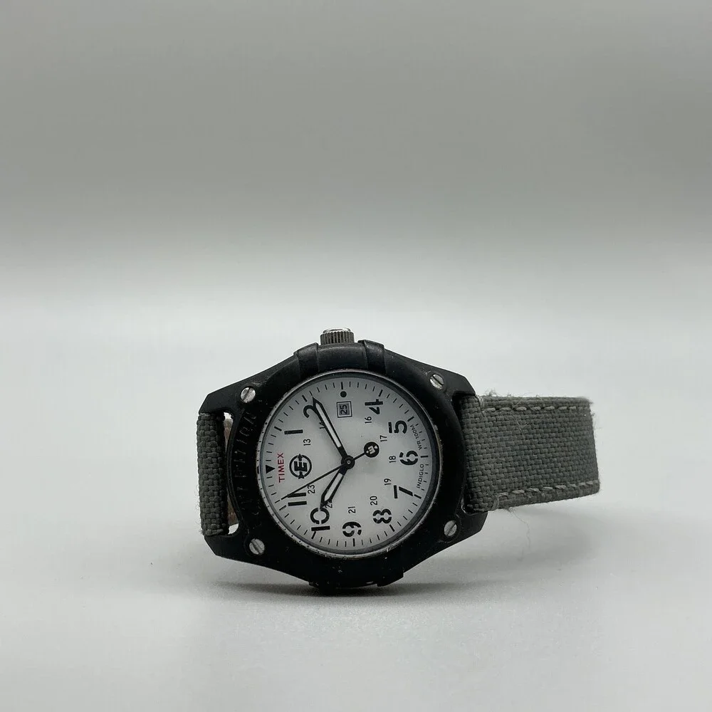 Timex Expedition Indiglo Mens Watch 34mm White Dial Gray Canvas Date New Battery